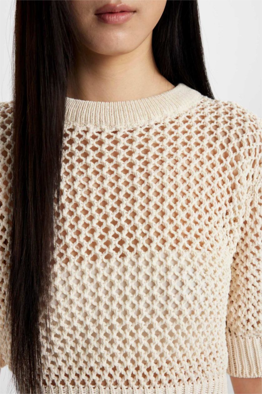 WOMAN Ecru Crew Neck Half Sleeve Crochet Pullover