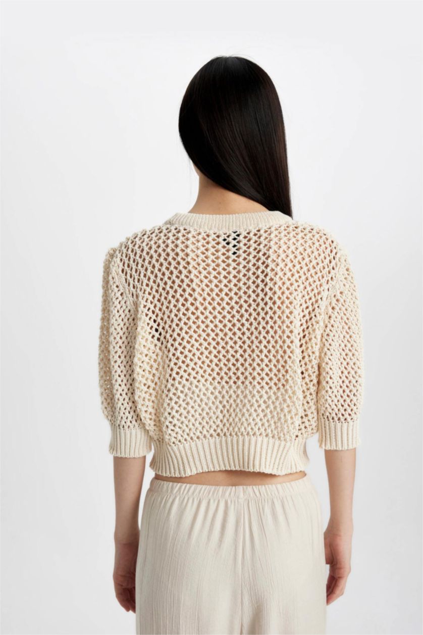 WOMAN Ecru Crew Neck Half Sleeve Crochet Pullover