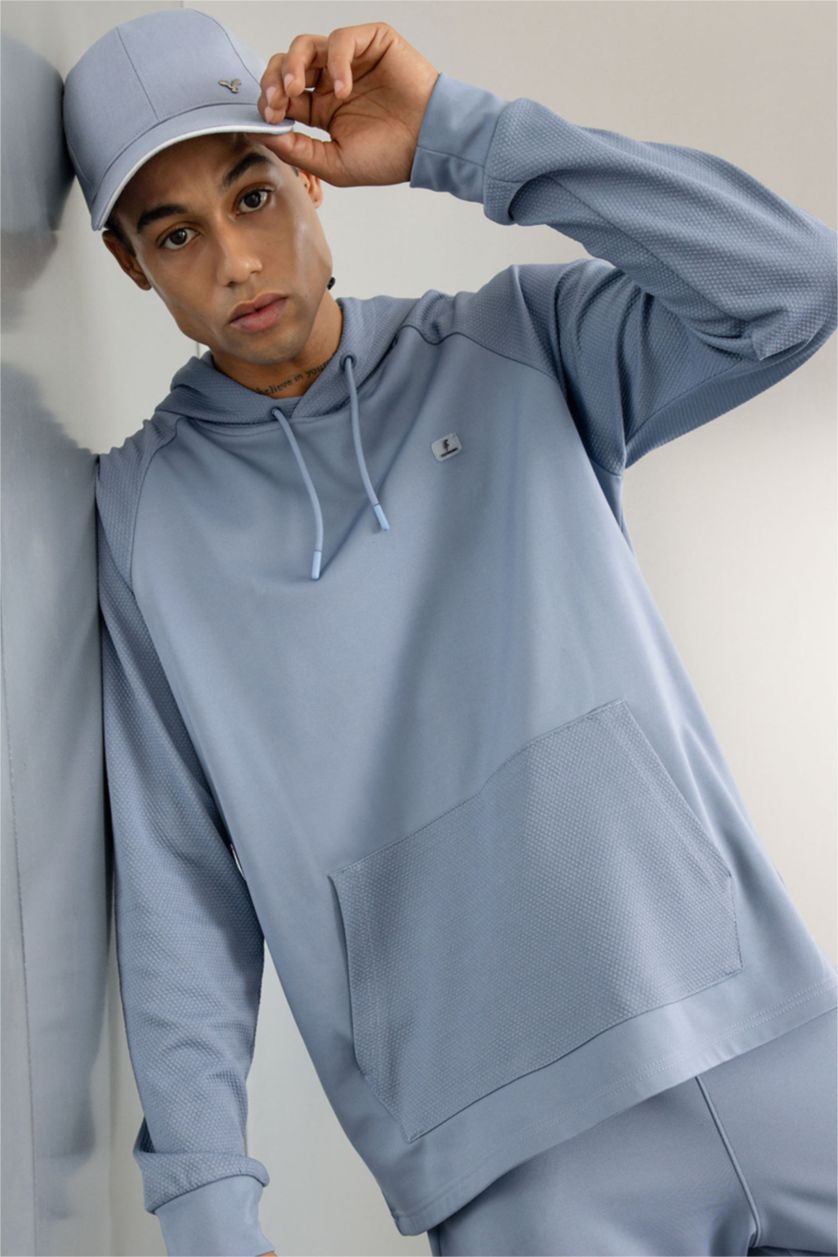 Man Blue DeFactoFit Standard Fit Hooded Sports Sweatshirt