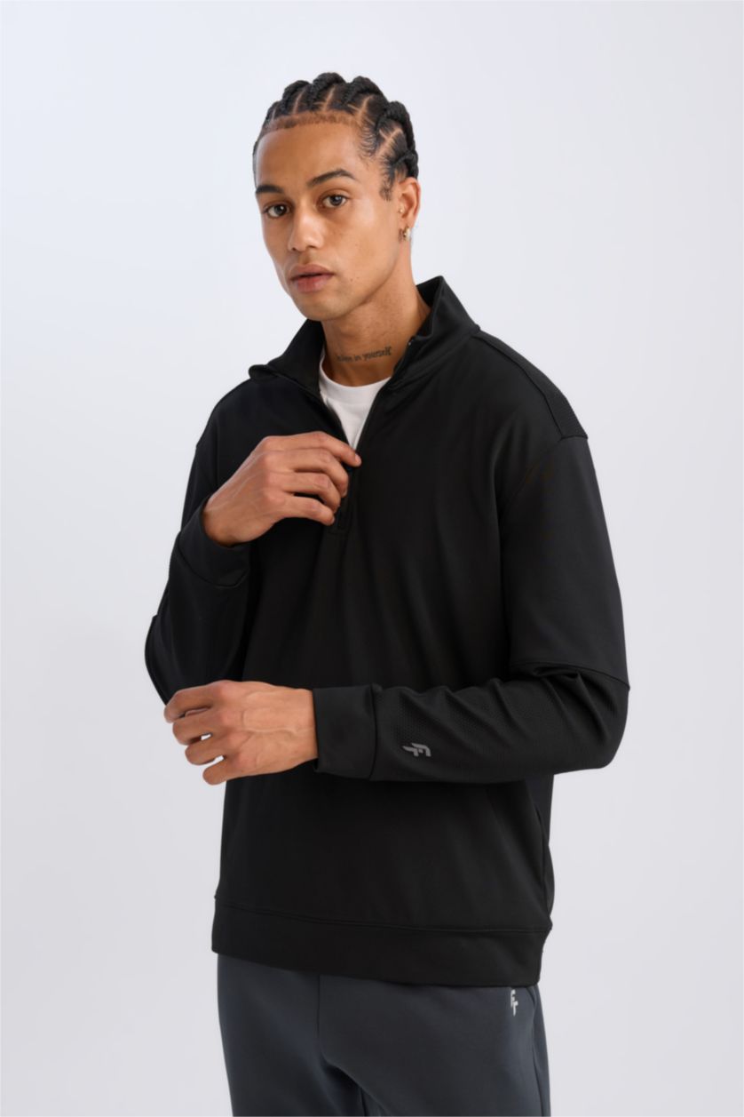 Erkek Siyah Standart Fit Dik Yaka Fermuarlı Skuba Dalgıç Kumaş Sporcu Sweatshirt