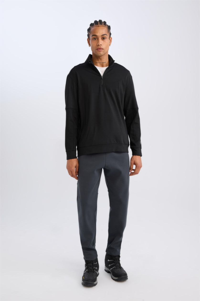 Erkek Siyah Standart Fit Dik Yaka Fermuarlı Skuba Dalgıç Kumaş Sporcu Sweatshirt