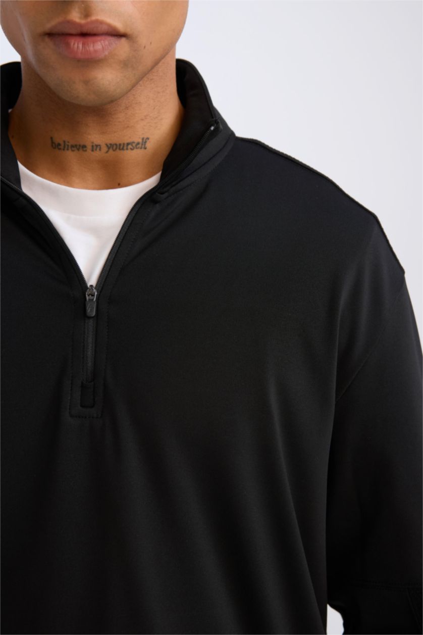 Erkek Siyah Standart Fit Dik Yaka Fermuarlı Skuba Dalgıç Kumaş Sporcu Sweatshirt