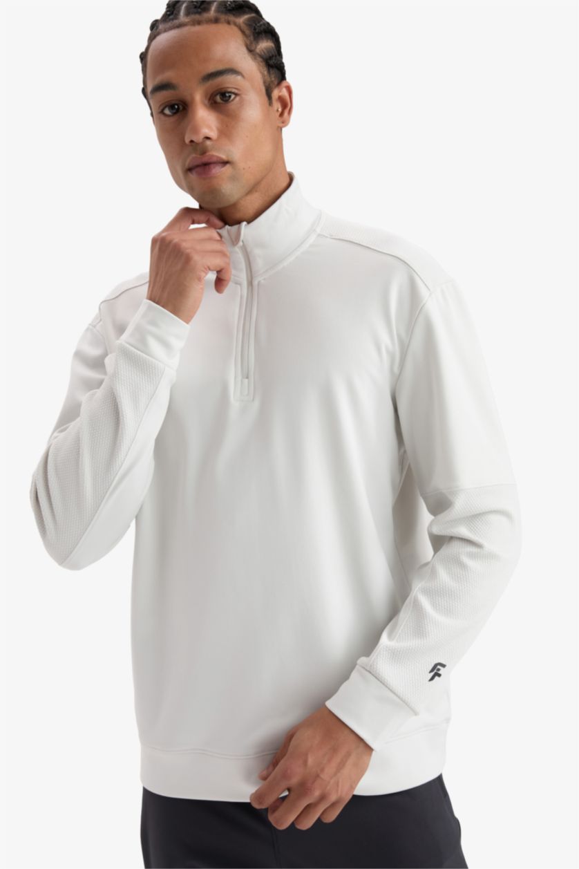 Erkek Taş Gri Standart Fit Dik Yaka Fermuarlı Skuba Dalgıç Kumaş Sporcu Sweatshirt