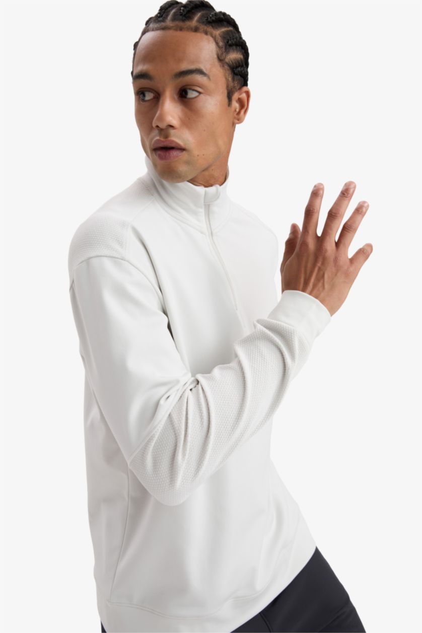 Erkek Taş Gri Standart Fit Dik Yaka Fermuarlı Skuba Dalgıç Kumaş Sporcu Sweatshirt