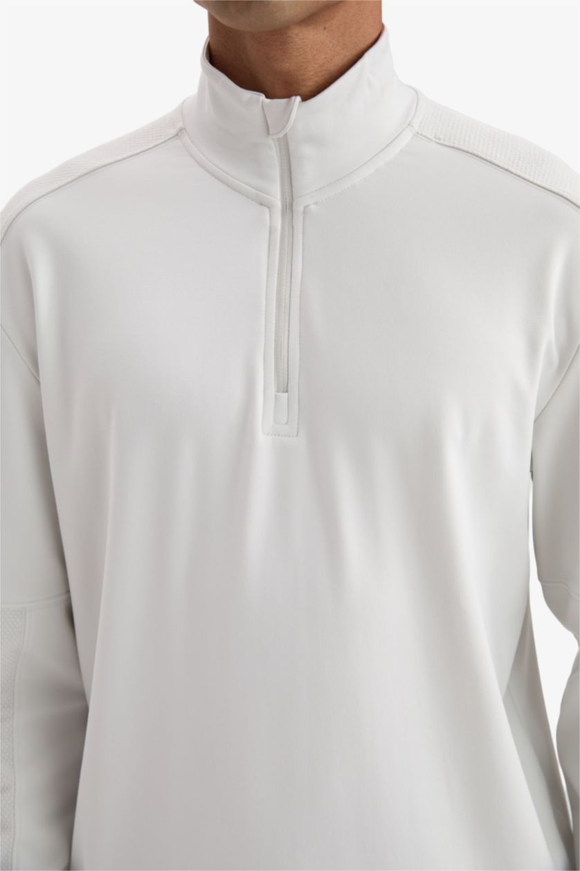 Erkek Taş Gri Standart Fit Dik Yaka Fermuarlı Skuba Dalgıç Kumaş Sporcu Sweatshirt