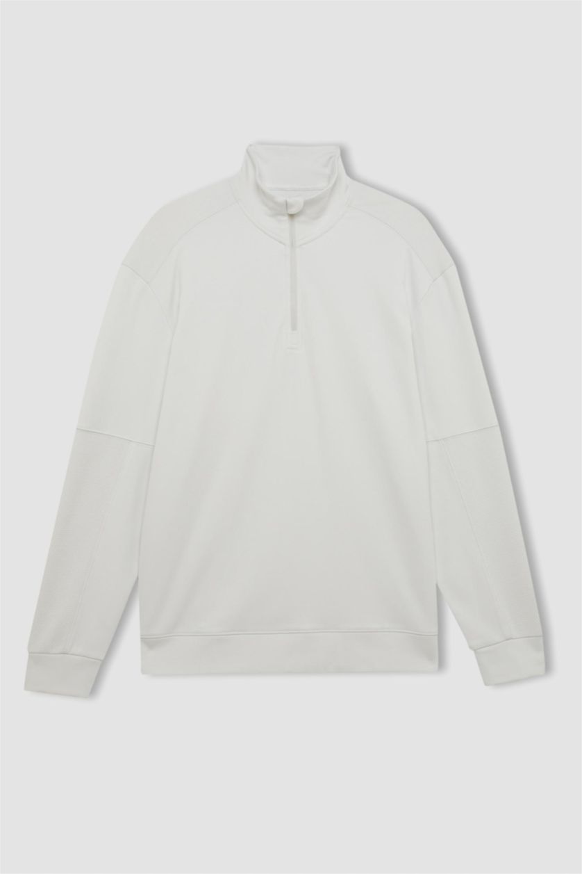 Erkek Taş Gri Standart Fit Dik Yaka Fermuarlı Skuba Dalgıç Kumaş Sporcu Sweatshirt