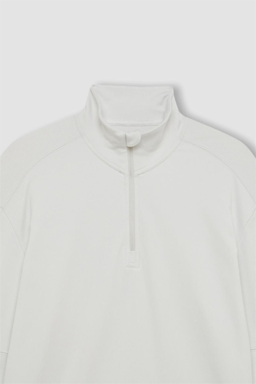 Erkek Taş Gri Standart Fit Dik Yaka Fermuarlı Skuba Dalgıç Kumaş Sporcu Sweatshirt