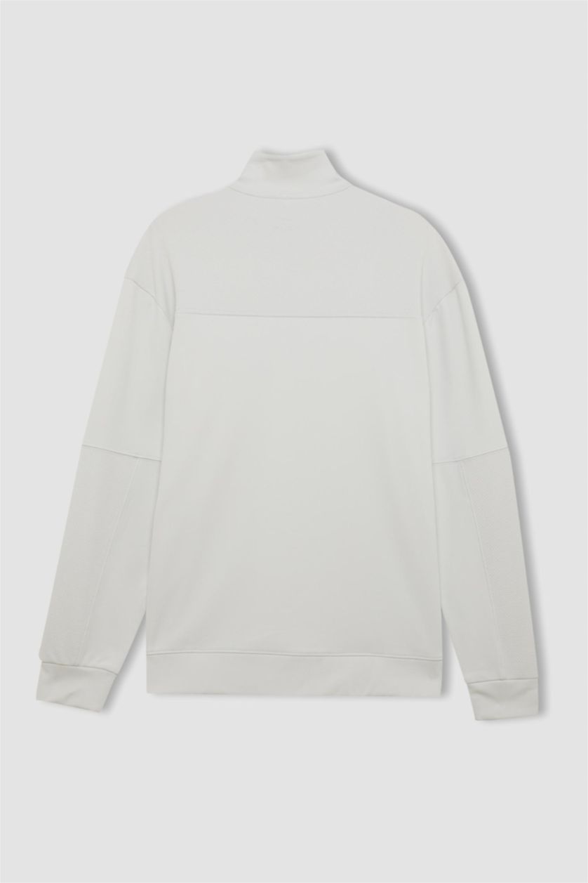 Erkek Taş Gri Standart Fit Dik Yaka Fermuarlı Skuba Dalgıç Kumaş Sporcu Sweatshirt