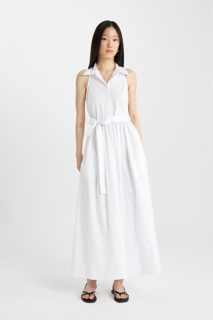 Woman White Shirt Collar Poplin Sleeveless Maxi Dress