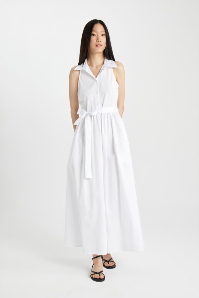 Woman White Shirt Collar Poplin Sleeveless Maxi Dress