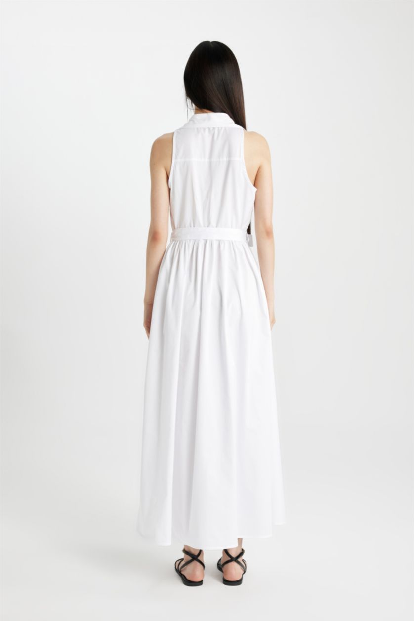Woman White Shirt Collar Poplin Sleeveless Maxi Dress