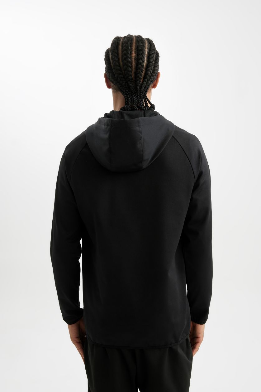 Erkek Siyah Standart Fit Kapüşonlu Fermuarlı Pike Sporcu Sweatshirt