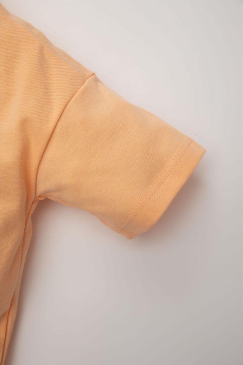 Erkek Bebek Somon Bisiklet Yaka Palmiye Baskılı Kısa Kollu Tişört Erkek Bebek