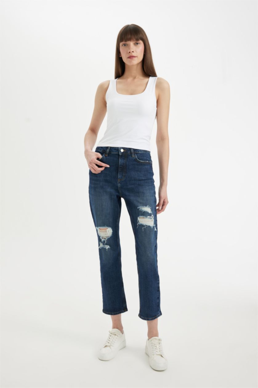 Kadın Koyu Mavi Mary Vintage Straight Fit Yırtık Detaylı Yüksek Bel Bilek Boy Jean Pantolon