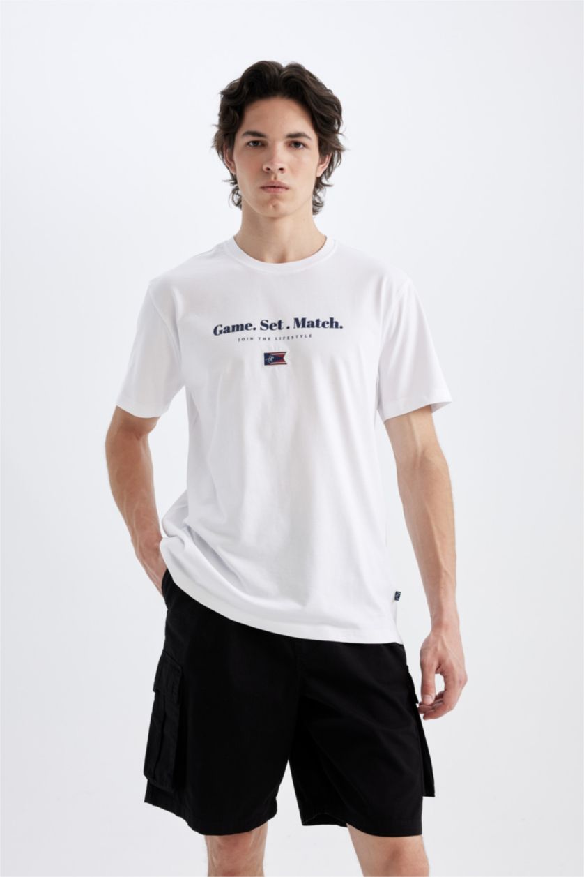 رجال أبيض تيشيرت نص كم قصة عادية برقبة مستديرة