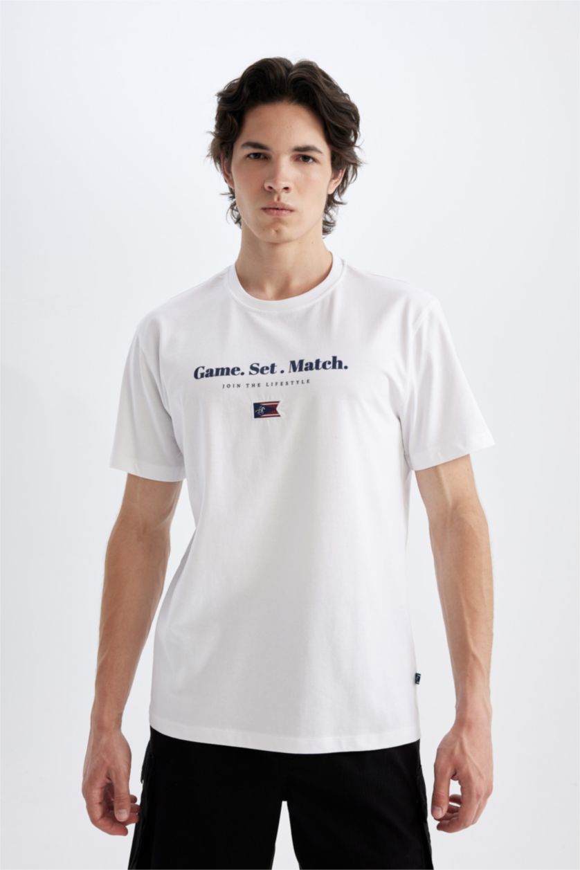 رجال أبيض تيشيرت نص كم قصة عادية برقبة مستديرة