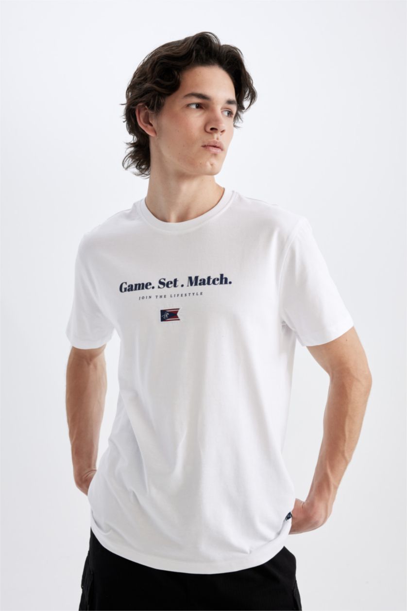 رجال أبيض تيشيرت نص كم قصة عادية برقبة مستديرة