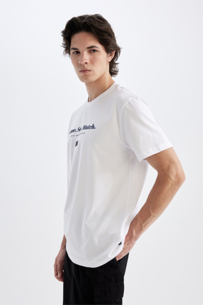 رجال أبيض تيشيرت نص كم قصة عادية برقبة مستديرة