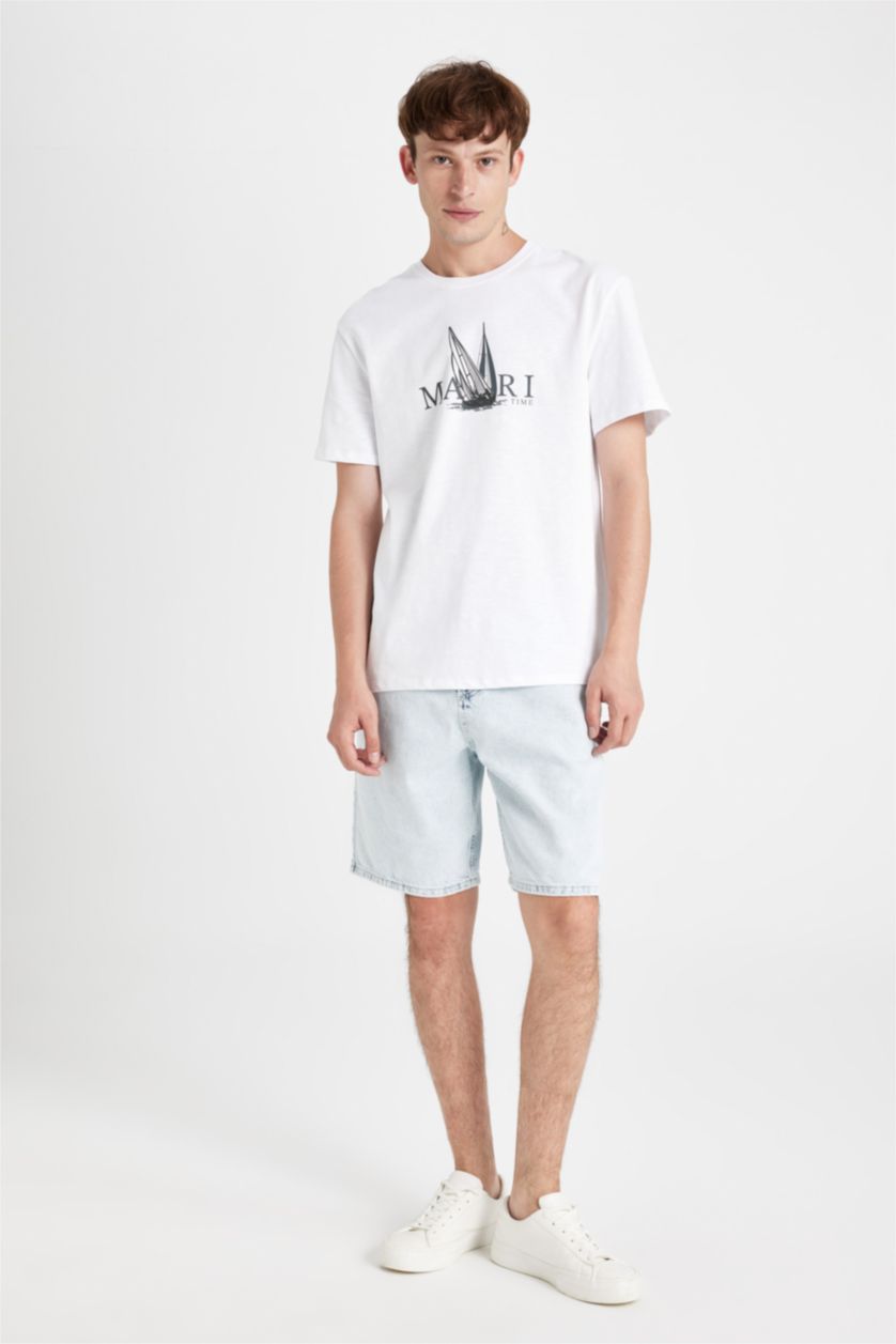 Erkek Beyaz New Regular Fit Bisiklet Yaka Baskılı Kısa Kollu Tişört