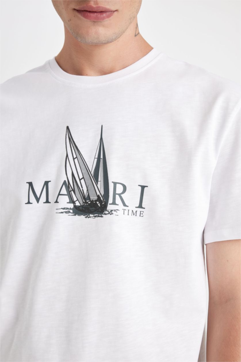 Erkek Beyaz New Regular Fit Bisiklet Yaka Baskılı Kısa Kollu Tişört