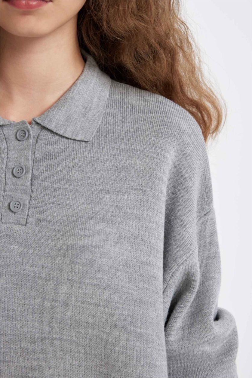 Kadın Gri Regular Fit Polo Yaka Düğmeli Basic Düz Triko Kazak