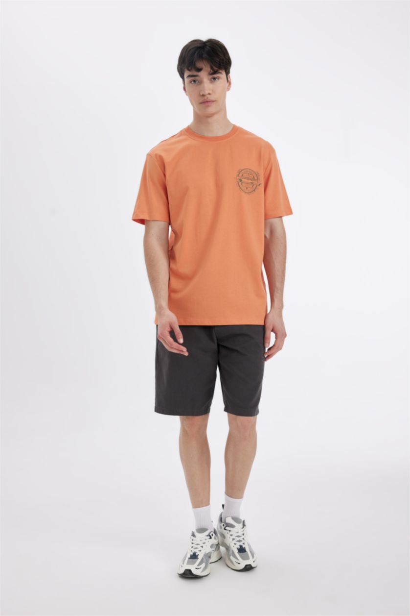 MAN Light Orange New Regular Fit Crew Neck Printed Short Sleeve T-Shirt
