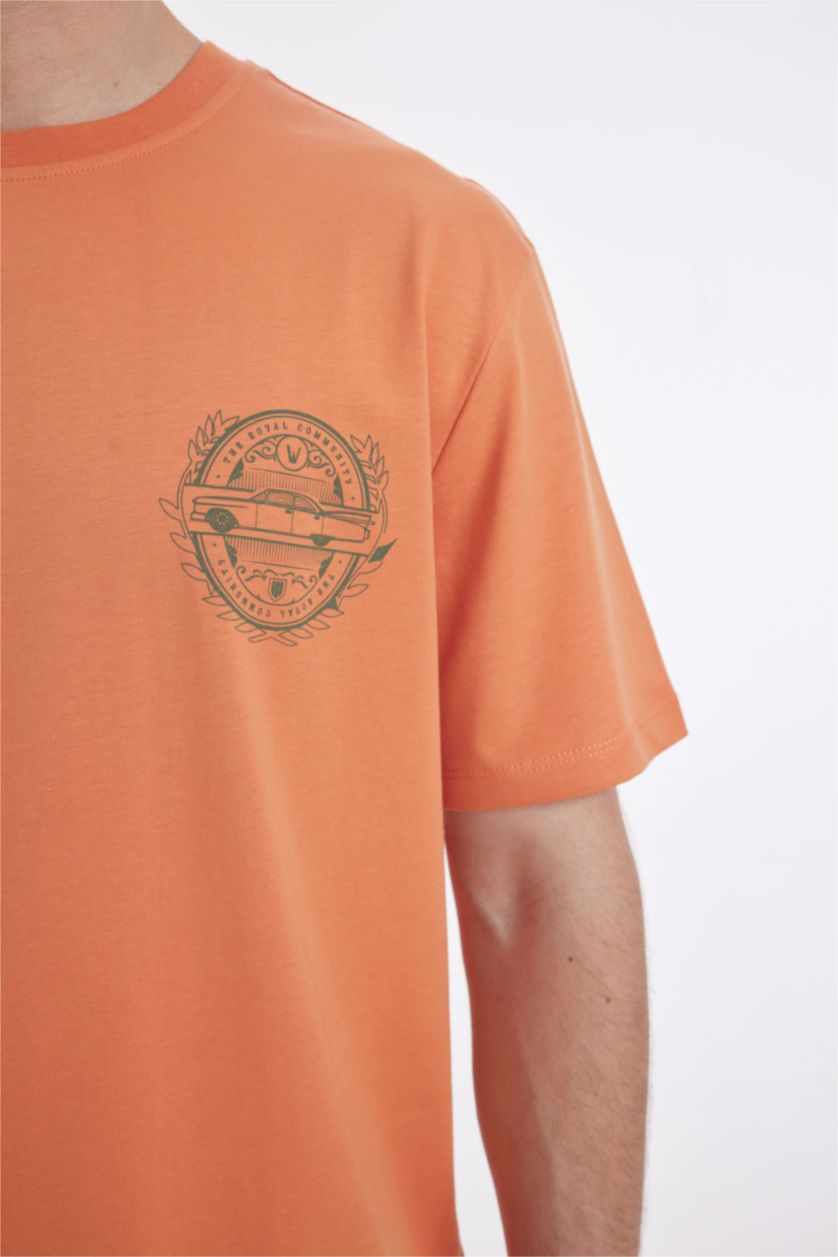 MAN Light Orange New Regular Fit Crew Neck Printed Short Sleeve T-Shirt