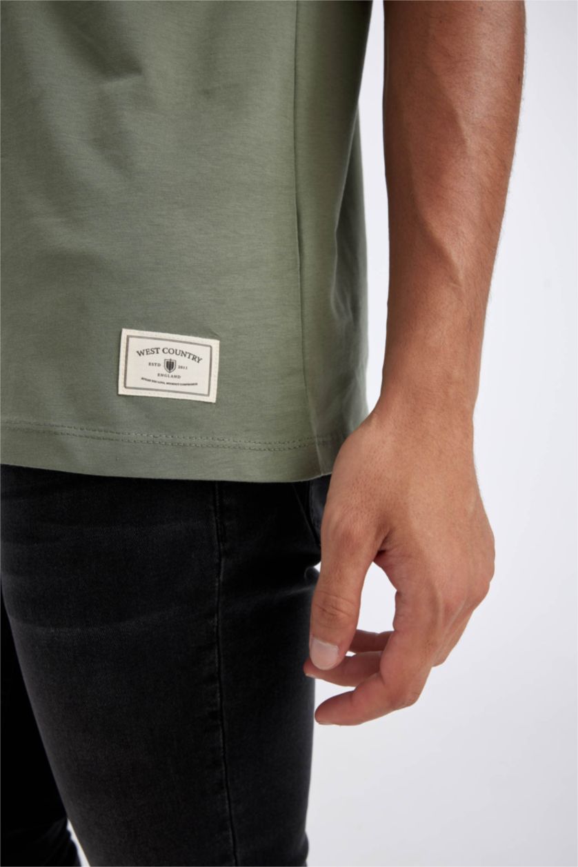 رجالي كاكي تيشيرت نص كم قصة عادية برقبة مستديرة