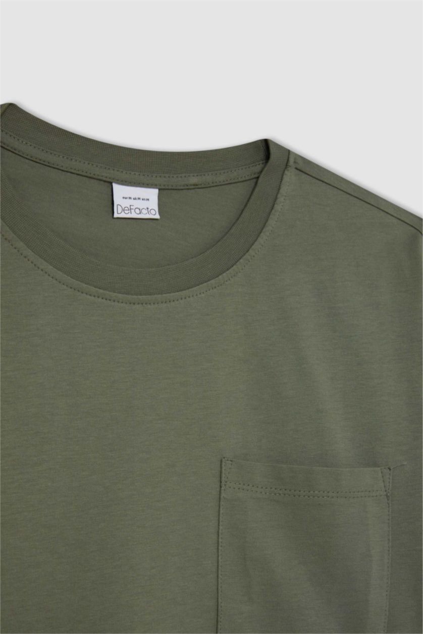 رجالي كاكي تيشيرت نص كم قصة عادية برقبة مستديرة