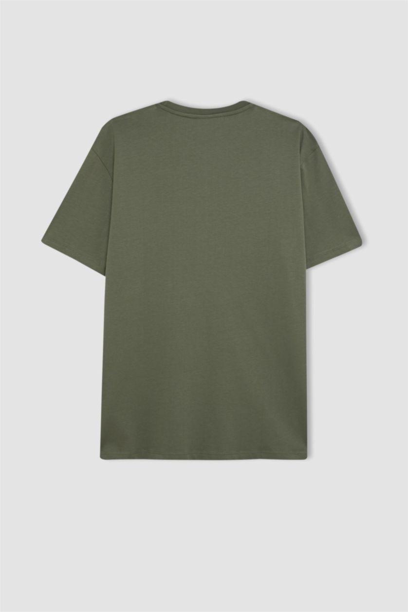 رجالي كاكي تيشيرت نص كم قصة عادية برقبة مستديرة