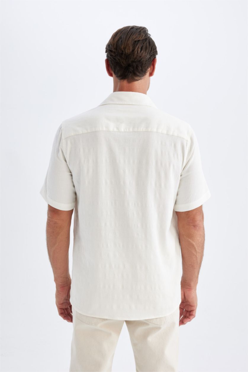 Erkek Ekru Regular Fit Yazlık Dokulu Kısa Kollu Gömlek