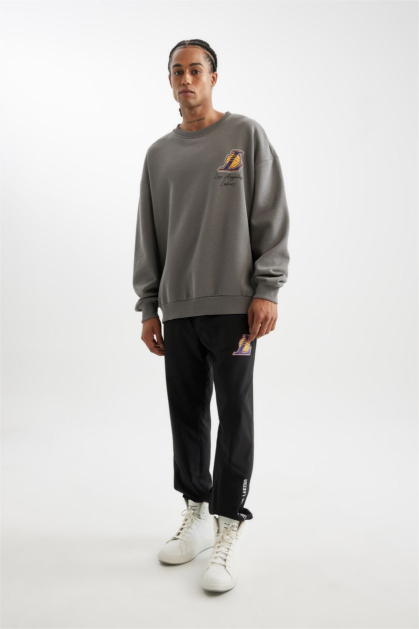 MAN Grey DeFactoFit NBA Los Angeles Lakers Oversize Fit Thick Sweatshirt