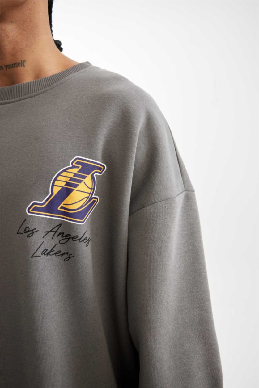 MAN Grey DeFactoFit NBA Los Angeles Lakers Oversize Fit Thick Sweatshirt