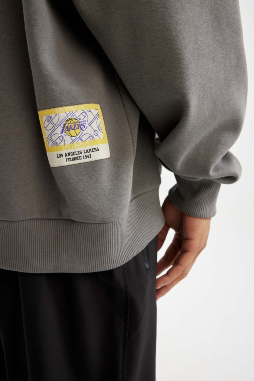 MAN Grey DeFactoFit NBA Los Angeles Lakers Oversize Fit Thick Sweatshirt