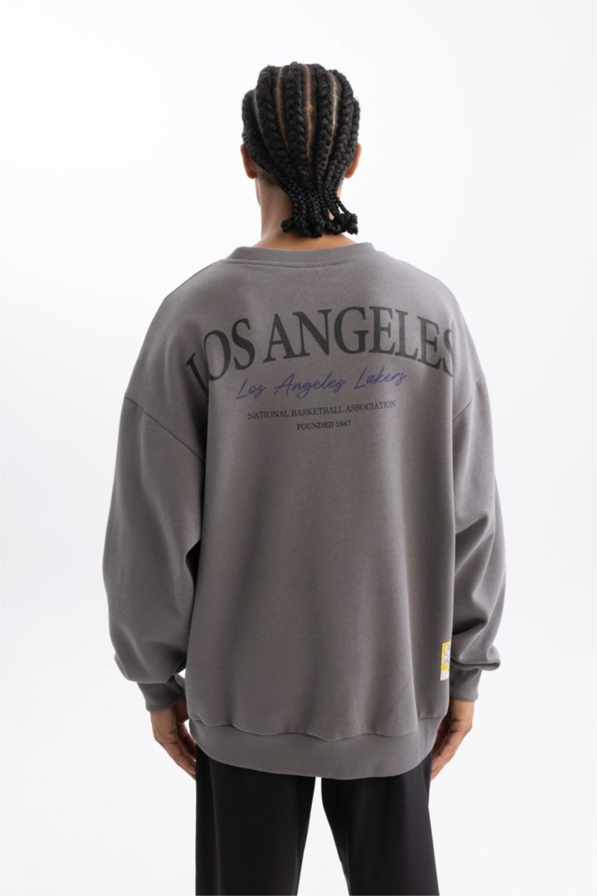MAN Grey DeFactoFit NBA Los Angeles Lakers Oversize Fit Thick Sweatshirt