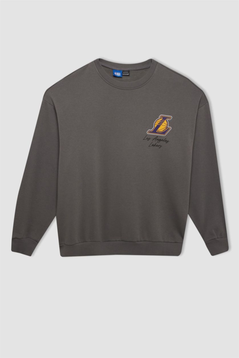 MAN Grey DeFactoFit NBA Los Angeles Lakers Oversize Fit Thick Sweatshirt