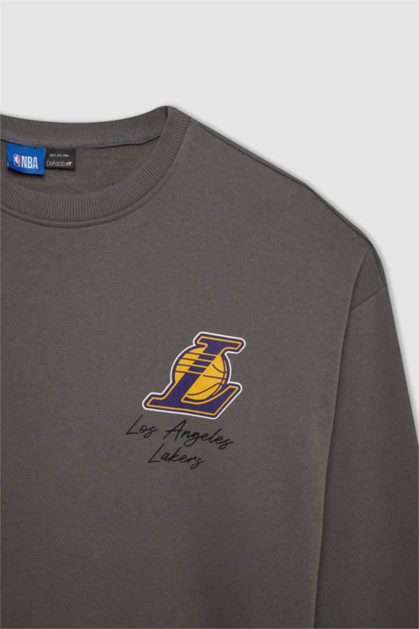 MAN Grey DeFactoFit NBA Los Angeles Lakers Oversize Fit Thick Sweatshirt