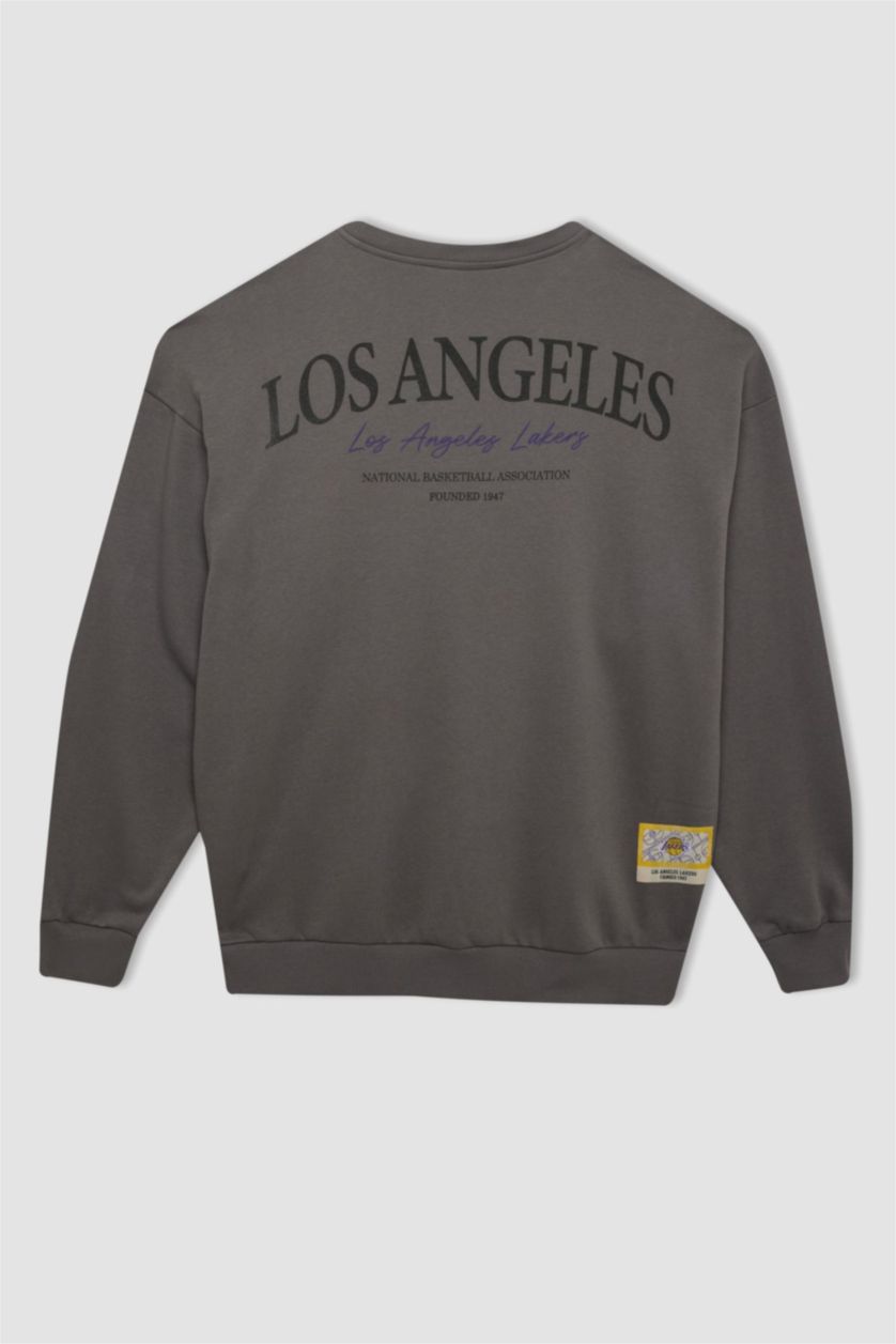 MAN Grey DeFactoFit NBA Los Angeles Lakers Oversize Fit Thick Sweatshirt