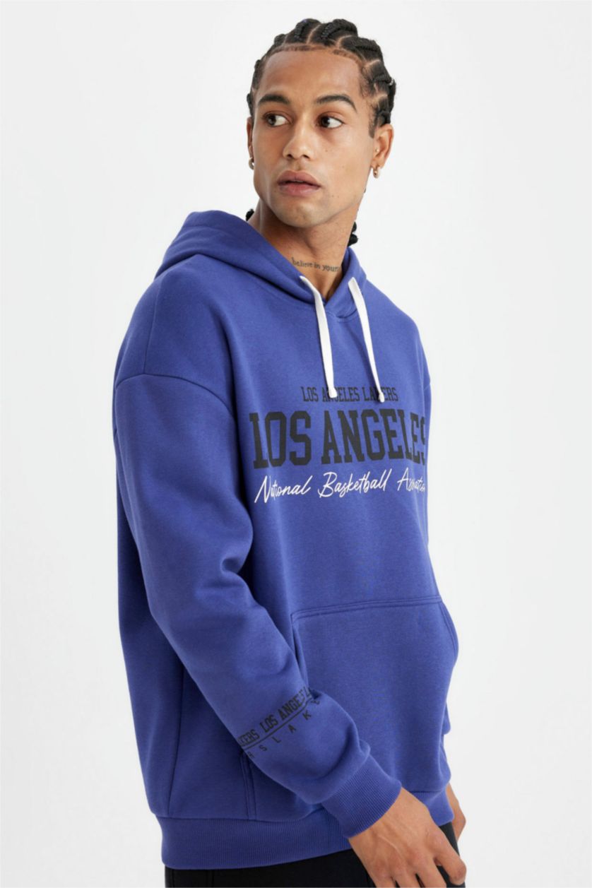 Erkek Mor NBA Los Angeles Lakers Oversize Geniş Kalıp Bisiklet Yaka Kalın Sweatshirt