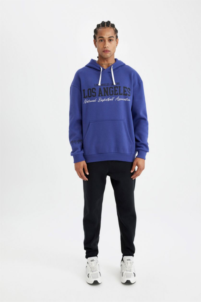 Erkek Mor NBA Los Angeles Lakers Oversize Geniş Kalıp Bisiklet Yaka Kalın Sweatshirt