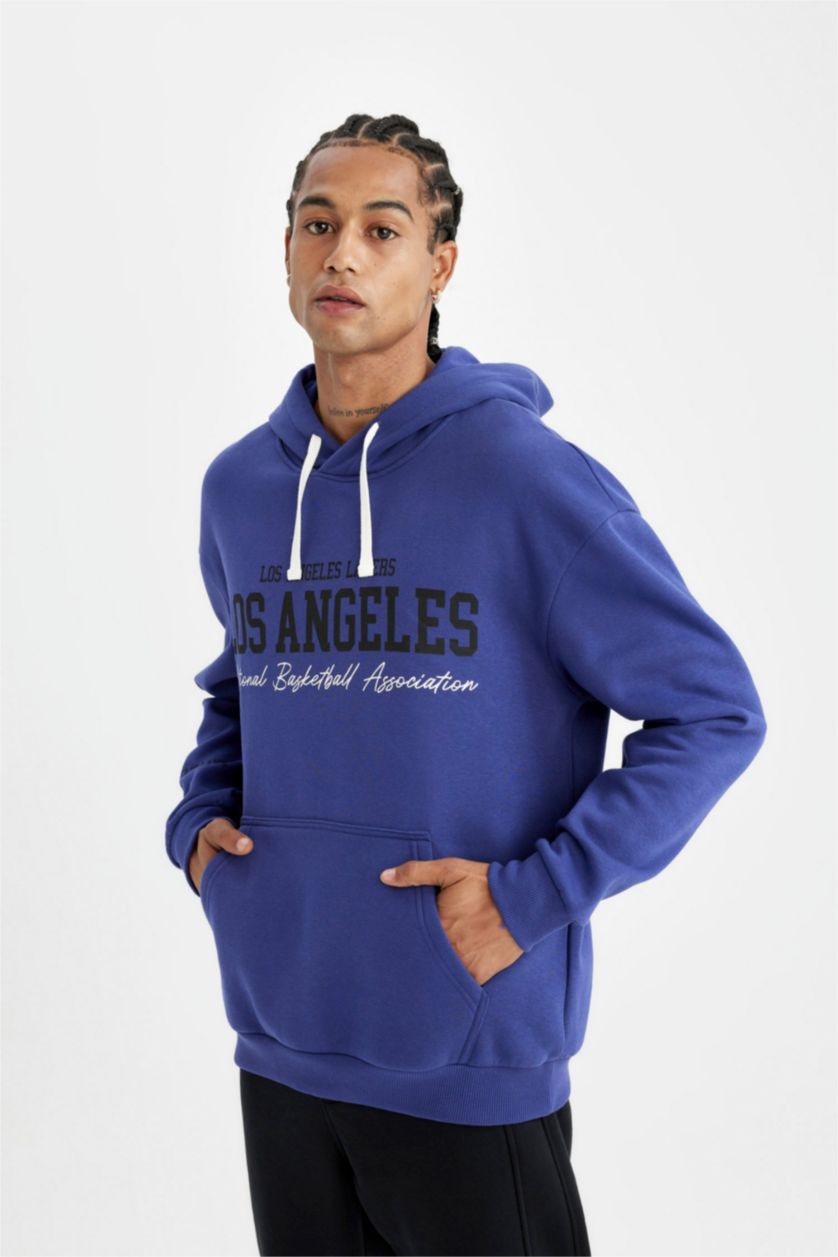 Erkek Mor NBA Los Angeles Lakers Oversize Geniş Kalıp Bisiklet Yaka Kalın Sweatshirt