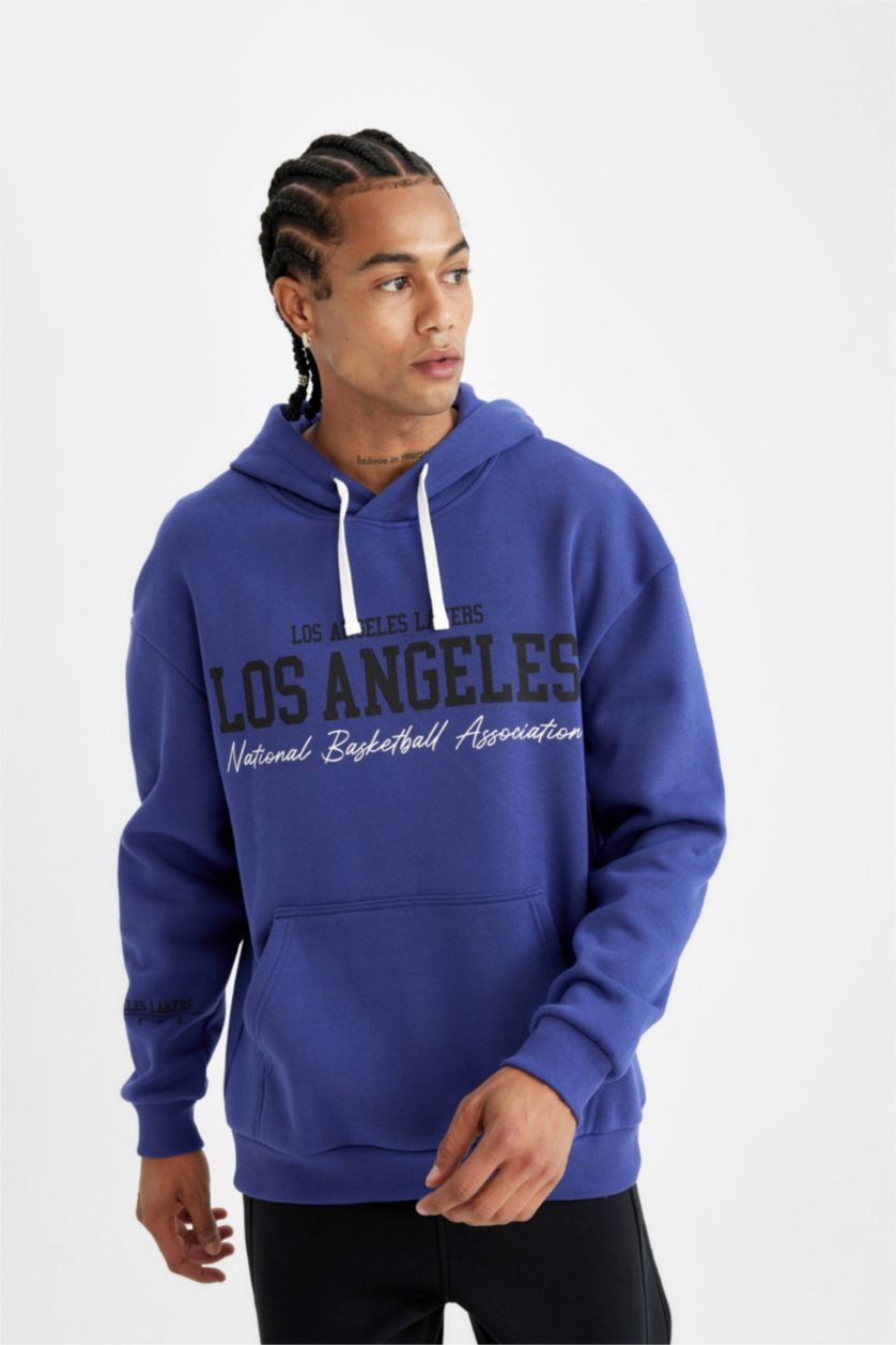 Erkek Mor NBA Los Angeles Lakers Oversize Geniş Kalıp Bisiklet Yaka Kalın Sweatshirt