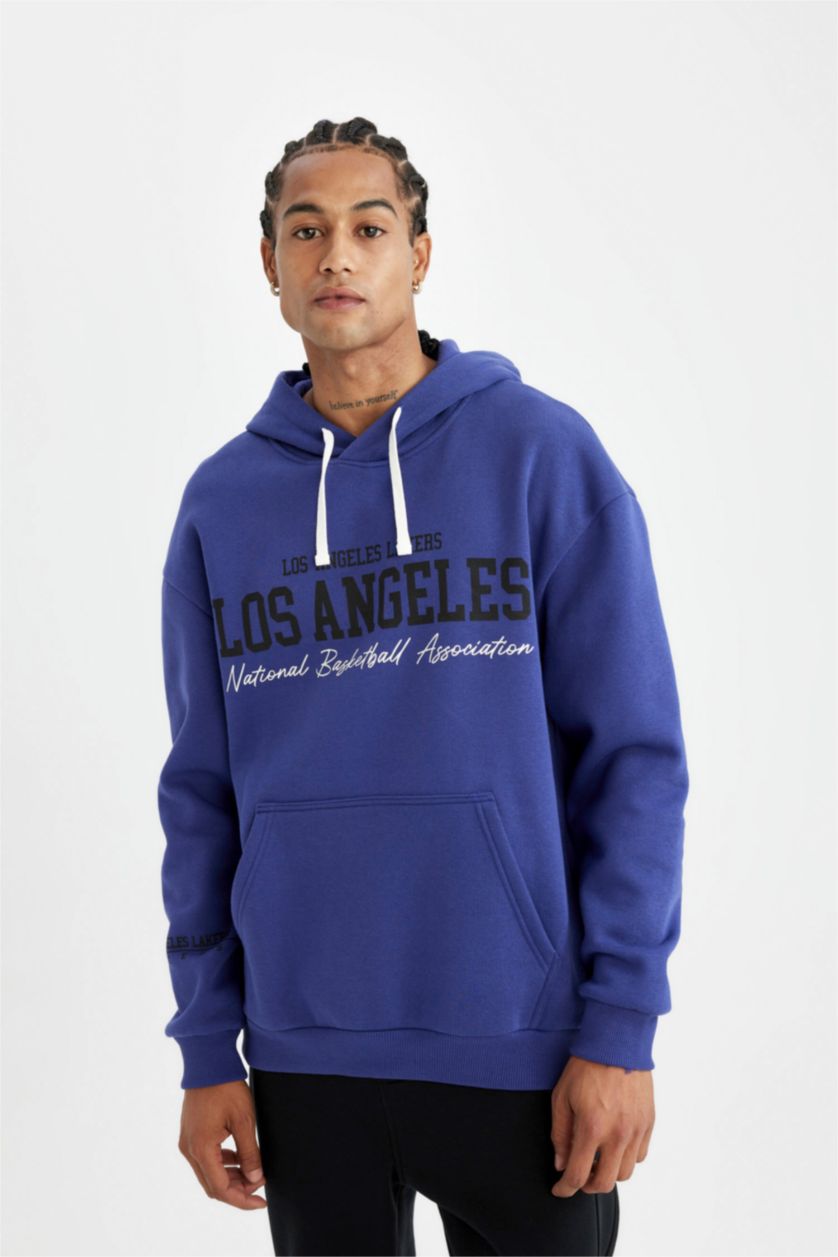 Erkek Mor NBA Los Angeles Lakers Oversize Geniş Kalıp Bisiklet Yaka Kalın Sweatshirt