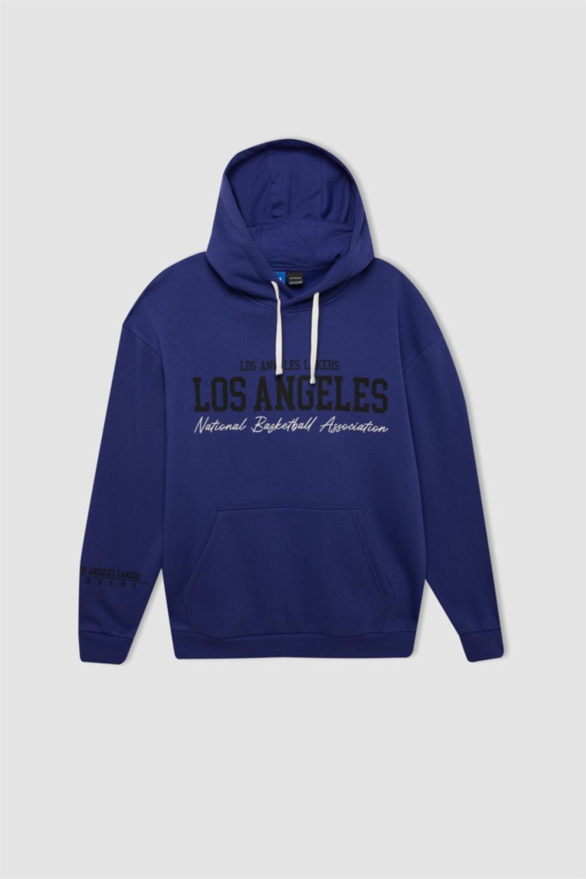 Erkek Mor NBA Los Angeles Lakers Oversize Geniş Kalıp Bisiklet Yaka Kalın Sweatshirt