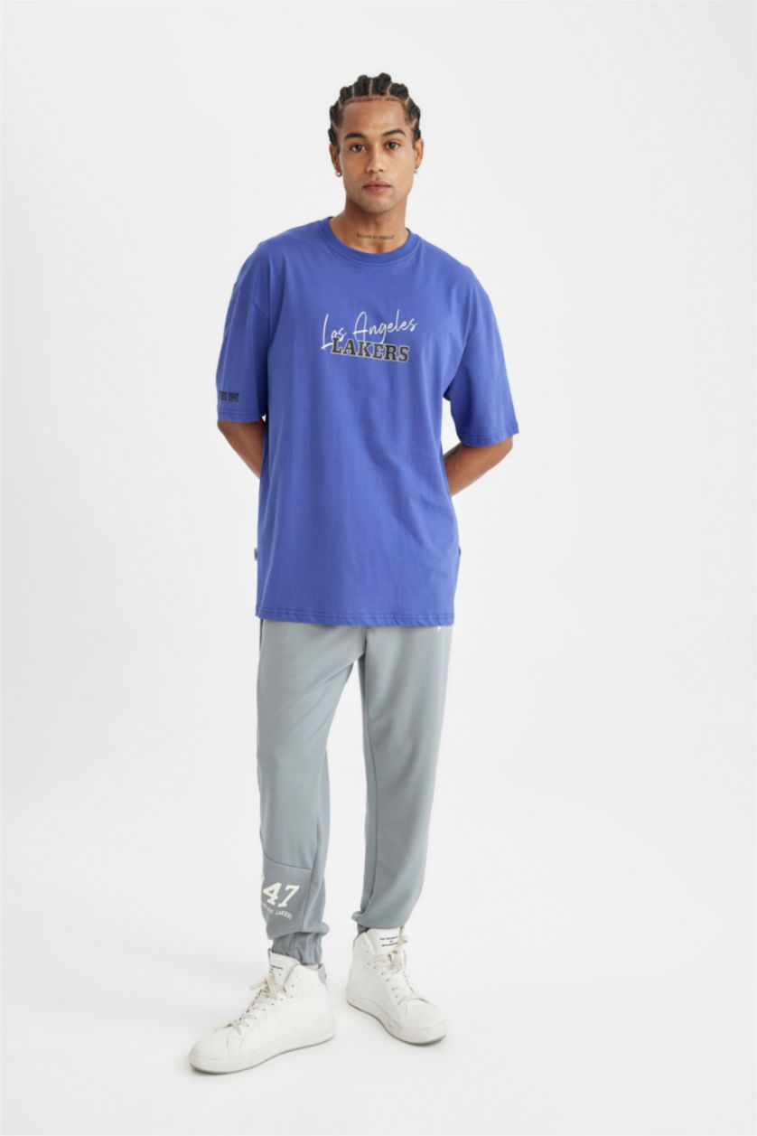 Erkek Mor NBA Los Angeles Lakers Oversize Geniş Kalıp Bisiklet Yaka Sırt Baskılı Pamuklu Kısa Kollu Tişört