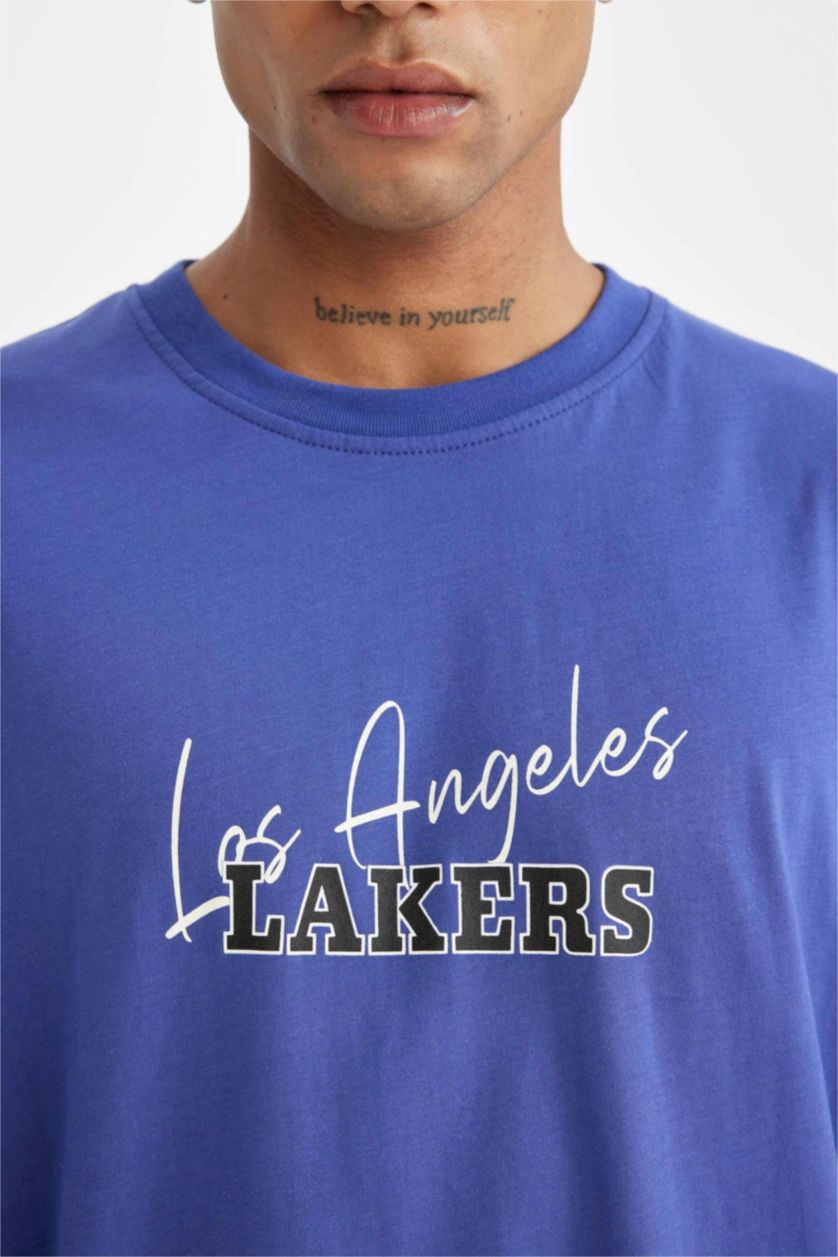 Erkek Mor NBA Los Angeles Lakers Oversize Geniş Kalıp Bisiklet Yaka Sırt Baskılı Pamuklu Kısa Kollu Tişört