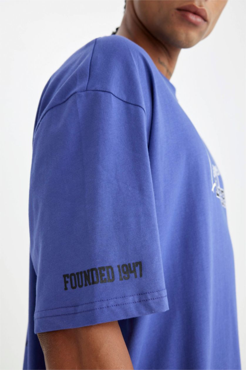 Erkek Mor NBA Los Angeles Lakers Oversize Geniş Kalıp Bisiklet Yaka Sırt Baskılı Pamuklu Kısa Kollu Tişört