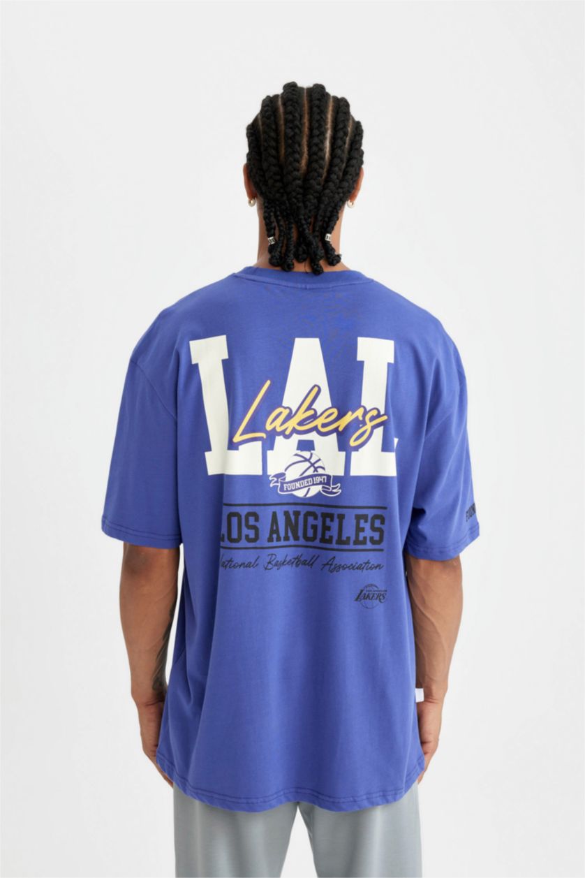 Erkek Mor NBA Los Angeles Lakers Oversize Geniş Kalıp Bisiklet Yaka Sırt Baskılı Pamuklu Kısa Kollu Tişört