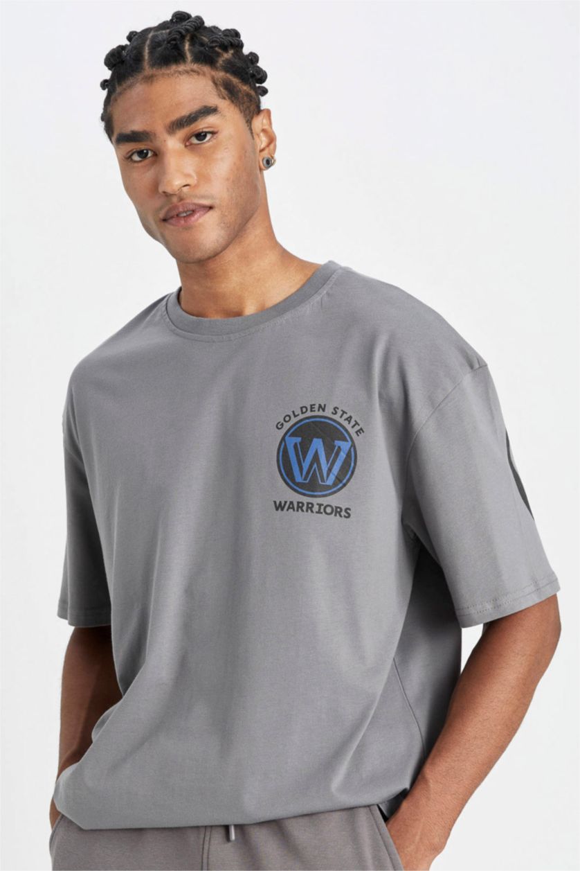 Erkek Gri NBA Golden State Warriors Oversize Geniş Kalıp Bisiklet Yaka Pamuklu Kısa Kollu Tişört