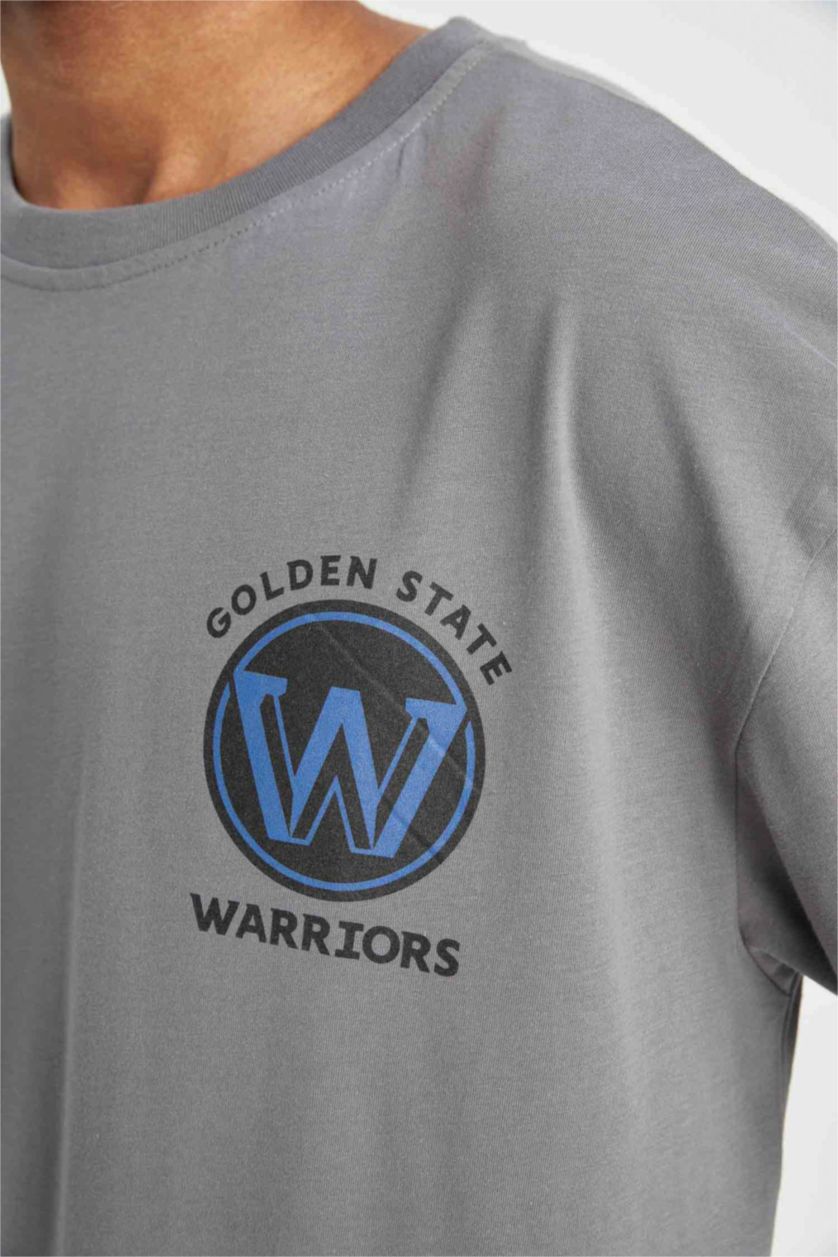 Erkek Gri NBA Golden State Warriors Oversize Geniş Kalıp Bisiklet Yaka Pamuklu Kısa Kollu Tişört